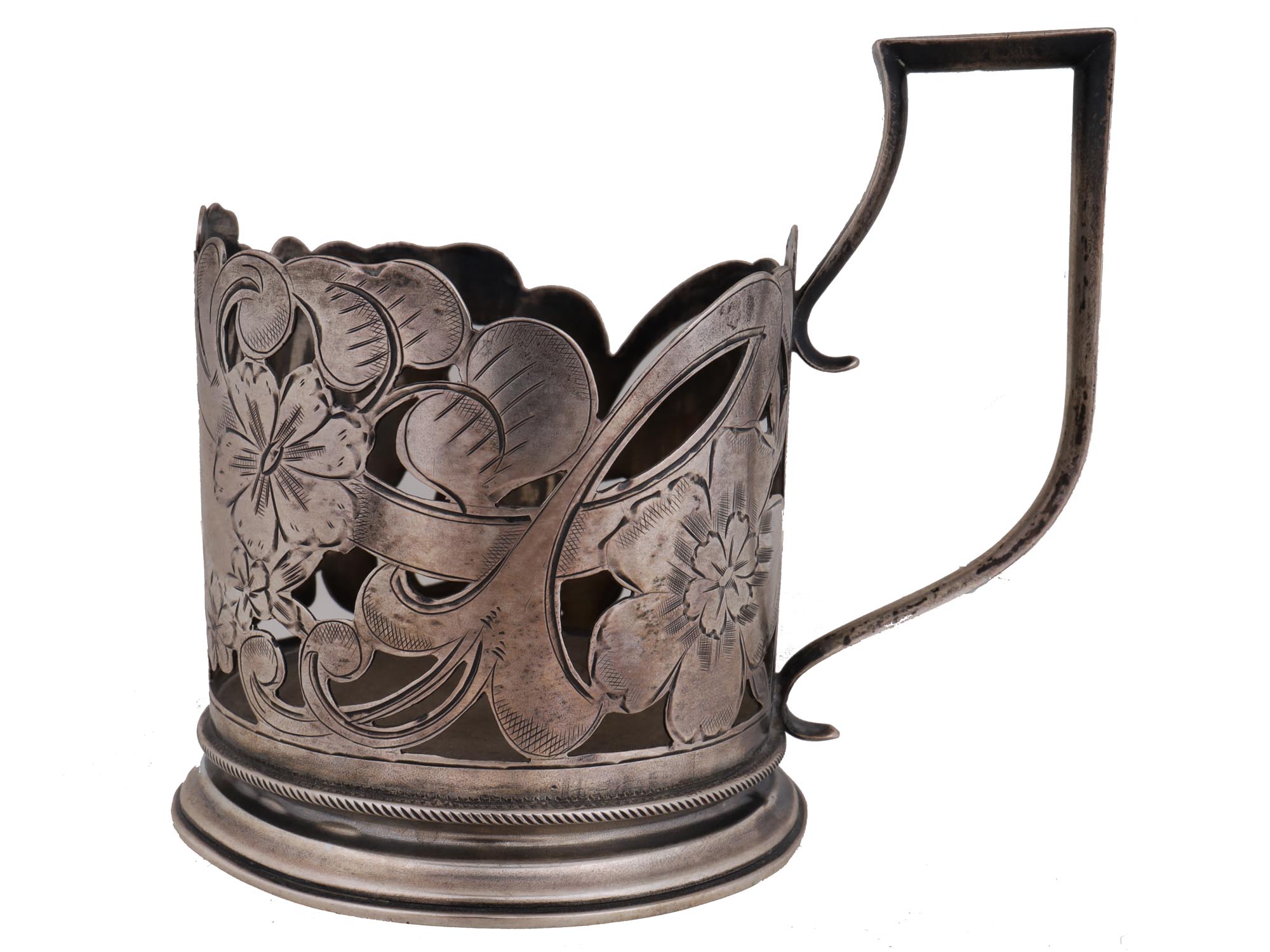 RUSSIAN SILVER ENGRAVED DESIGN TEA GLASS HOLDER PIC-2